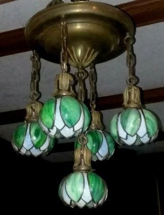 C.  1910 Antique Art Nouveau Water Lily Shade Chandelier Arts&crafts Hanging Lamp