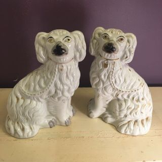 Antique English Staffordshire Dogs With Gold Tint And Gray And Black Noses