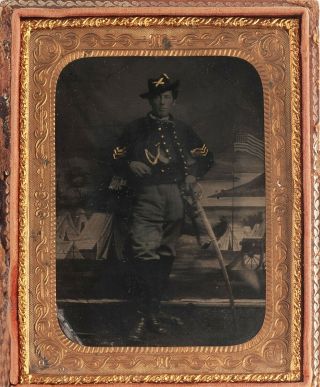 1860s Quarter Plate Civil War Tintype Photo Of Armed Union Army Cavalry Soldier