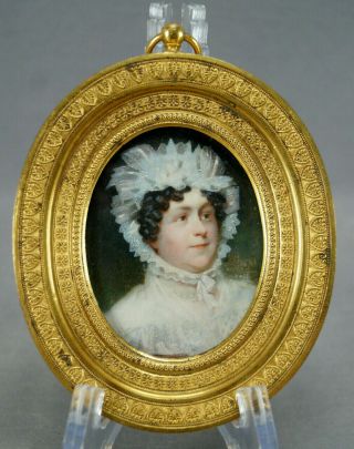Early 19th Century French Hand Painted Portrait Of A Lady In Gilt Bronze Frame