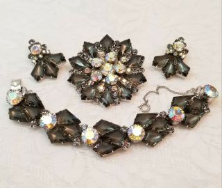 Vtg Juliana D&e Kite Smokey Gray & Ab Rhinestones Brooch Bracelet Earrings Set