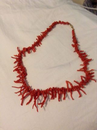 Vintage Natural Red Coral Branch Necklace With 14kt Yellow Gold Clasp 18 "