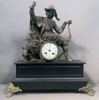 Lg 19thc Antique French Victorian Japy Freres Hunter Dog Statue Old Mantel Clock