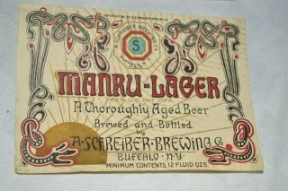 Vtg/antique Schreiber Brewing Pre - Prohibition Manru Lager - Beer Label Buffalo Ny