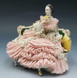 Antique German Dresden Lace Porcelain Figurine Woman On Settee