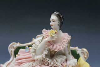Antique German Dresden Lace Porcelain Figurine Woman on Settee 2