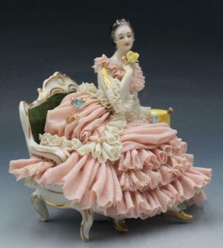Antique German Dresden Lace Porcelain Figurine Woman on Settee 5
