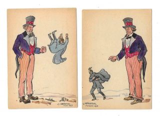 Vintage Hand Painted Wwi Caricature Uncle Sam & Kaiser Postcards Set Of 2 1917