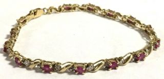 Vintage 10k Yellow & White Gold With Natural Rubies 7 1/4 " Long Bracelet