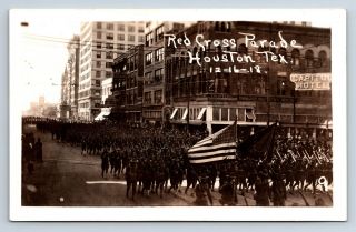 Vintage Real Photo Postcard Red Cross Parade Houston Tx 1918 Us Flag Soldiers D2