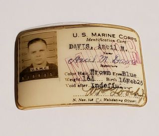 Ww2 Wwii Usmc Us Marine Corps Id Card Minor Okinawa