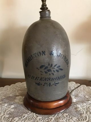 Antique Stoneware Jug Lamp Cobalt Blue Stencil Hamilton Jones Greensboro,  Pa.