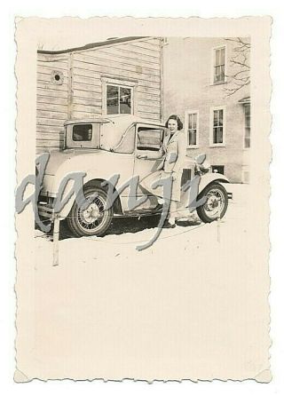 Young Lady With 1 Foot Up On Antique Car Running Board Old Automobile Photo