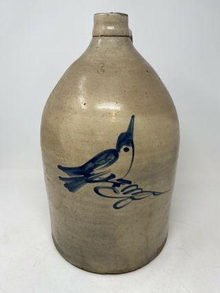 Antique Stoneware Three Gallon Jug Cobalt Bird Motif Americana 16” Tall