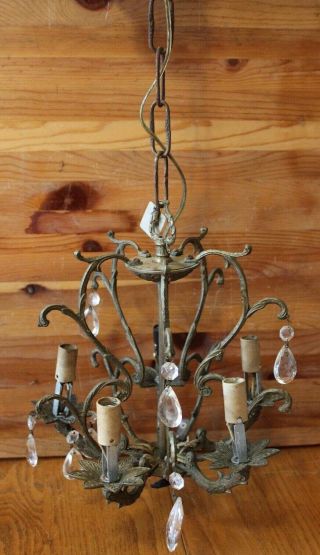 Vintage Cast Brass Chandelier Small 5 Arm Crystal Prism Antique Made In Spain