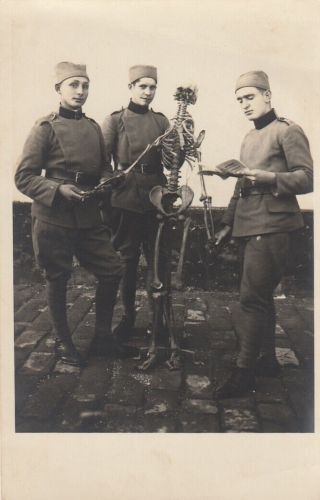Soldiers Posing With Human Skeleton Skull Postmortem Vintage Real Photo Postcard