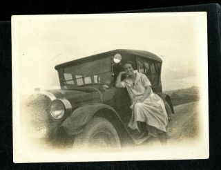 Vintage Photo Pretty Flapper Girl Sits On Bumper Of Vintage Car Old Car