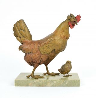 Antique Franz Bergman Cold Painted Vienna Bronze Chicken Hen W Chick Signed