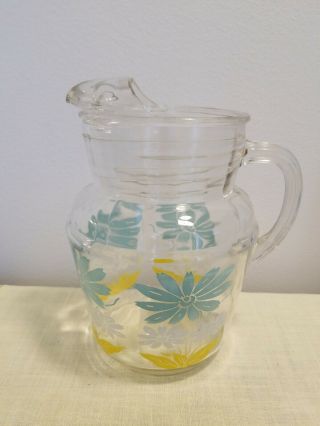Vintage Floral Glass Pitcher With Blue And White Daisy 