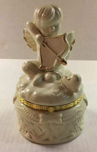 Vintage Cupid Porcelain Trinket Jewelry Box Hinged White Gold Angel Valentines