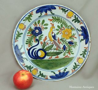 Fine Large Delft Polychrome Charger W/ Yellow Bird 18th Cent