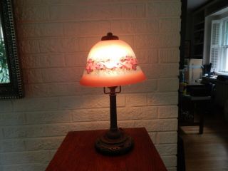 Handel Reverse Painted Boudoir Lamp & Shade,  Red Flowers