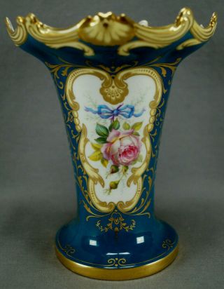 Brown Westhead Moore Cauldon Hand Painted Pink Rose Blue Bow Teal & Gold Vase