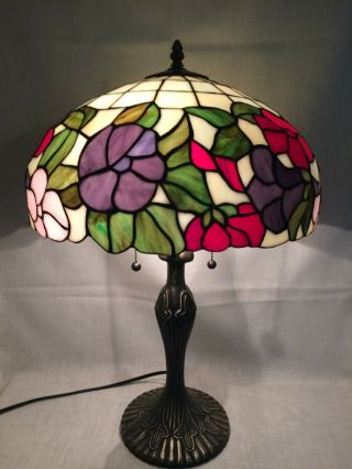Vintage Tiffany Style Stain Slag Glass Lamp & Shade Dbl Lite Bronzed Base 14dx24