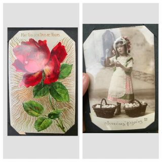 Vintage Leather Post Card Album Early 1900s 23 Postcards Christmas Easter wishes 3