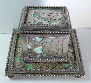 Antique Tiffany Studios York Green Favrile Glass Silvered Bronze Inkwell
