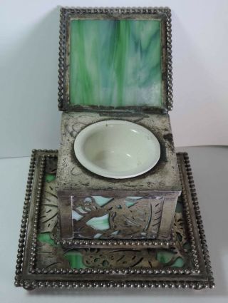 Antique Tiffany Studios York Green Favrile Glass Silvered Bronze Inkwell 2