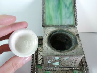 Antique Tiffany Studios York Green Favrile Glass Silvered Bronze Inkwell 3