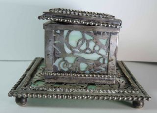 Antique Tiffany Studios York Green Favrile Glass Silvered Bronze Inkwell 4