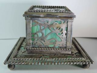 Antique Tiffany Studios York Green Favrile Glass Silvered Bronze Inkwell 5