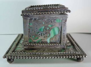 Antique Tiffany Studios York Green Favrile Glass Silvered Bronze Inkwell 6