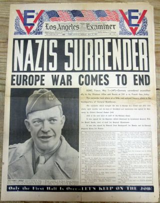 1945 Ww Ii Display Newspaper V - E Day Nazi Germany Surrenders - Gen Eisenhower Pic