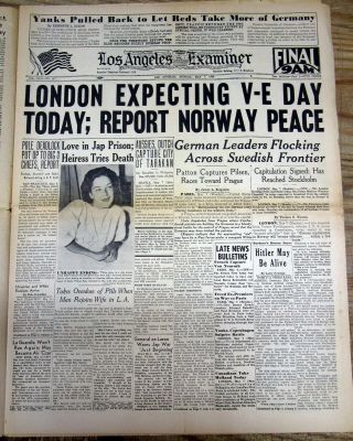 1945 WW II display newspaper V - E DAY Nazi Germany Surrenders - Gen Eisenhower pic 2