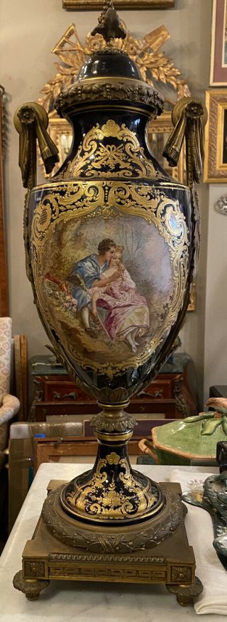 French 19th C Ormolu Gilt Bronze Cobalt Blue Porcelain Sevres Vase 26.  5” Signed