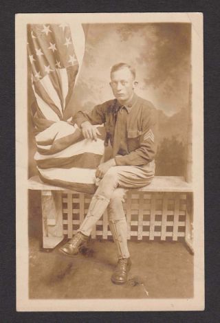 Patriotic Ww1 Era Soldier Posing W/u.  S.  Flag Old/vintage Photo Snapshot - Y395