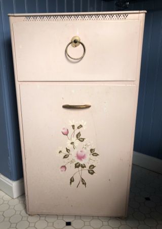 Vintage 50s Mid Century Pink Metal Bathroom Hamper Cabinet Floral Lucite Detecto