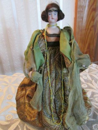 Rare Antique French German Bisque Fashion Half Doll In Orig Silk Dress Paris