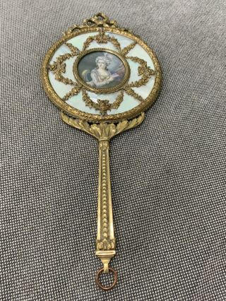Antique Gilt Metal Hand Mirror Mother Of Pearl Or Shell & Signed M Roy Portrait