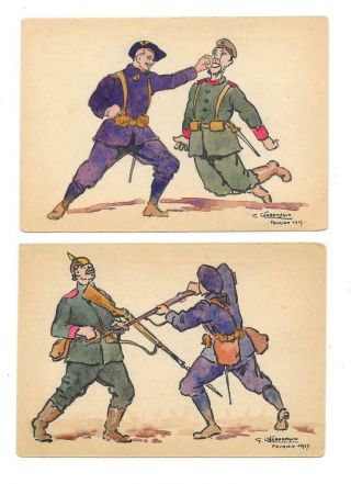 Vintage Hand Painted Wwi Caricature Fighting Soldiers Postcards 1917 2