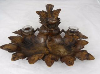 Antique Swiss Black Forest Carved Wood Inkwell With Bird - Geneve