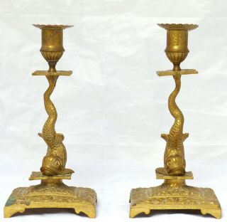 Dolphin Antique French Pair Mythological Gothic Gargoyl Candlestick Brass 19th