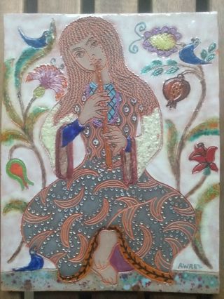 Irene Awret/glazed Ceramic Tile/jewish Art/girl Playing Flute/judaica/signed