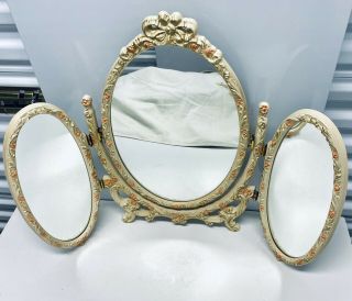 , Vintage,  Art - Nouveau - Ish Tri - Fold Mirror In An Overall Floral Motif