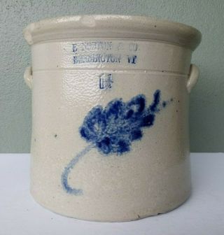 E.  Norton Bennington Vt Antique Stoneware 1 1/2 Gallon Crock - Cobalt Leaf
