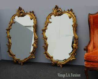 Pair Vintage French Provincial Rococo Ornate Scrolled Gold Wall Mantle Mirrors