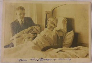 Vintage Old 1939 Photo Of Woman In Bed After Giving Birth Father Holds Newborn